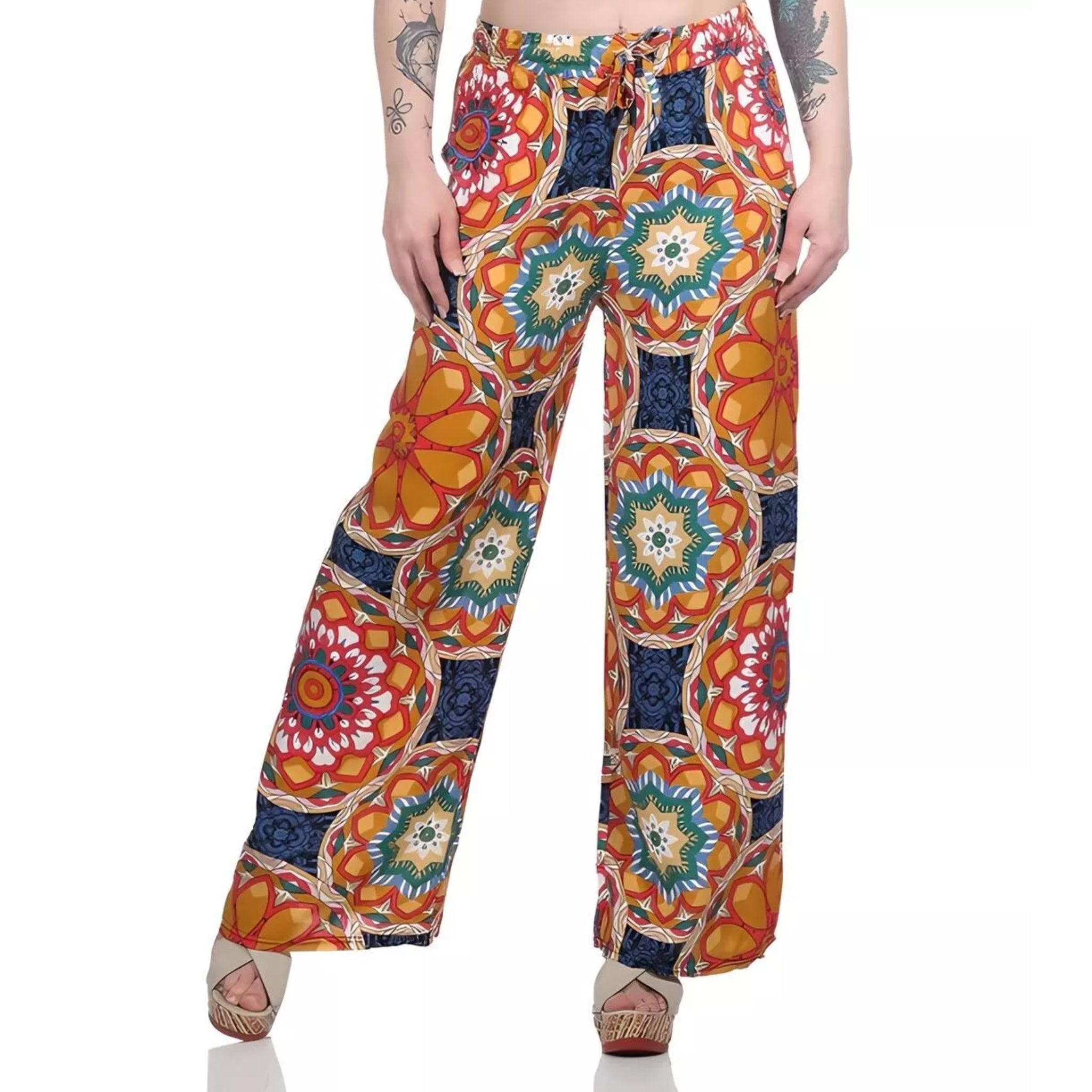 Ladies loose fit palazzo trousers wide leg boho style pants with multicolour floral mandala print high waist drawstring summer fashion